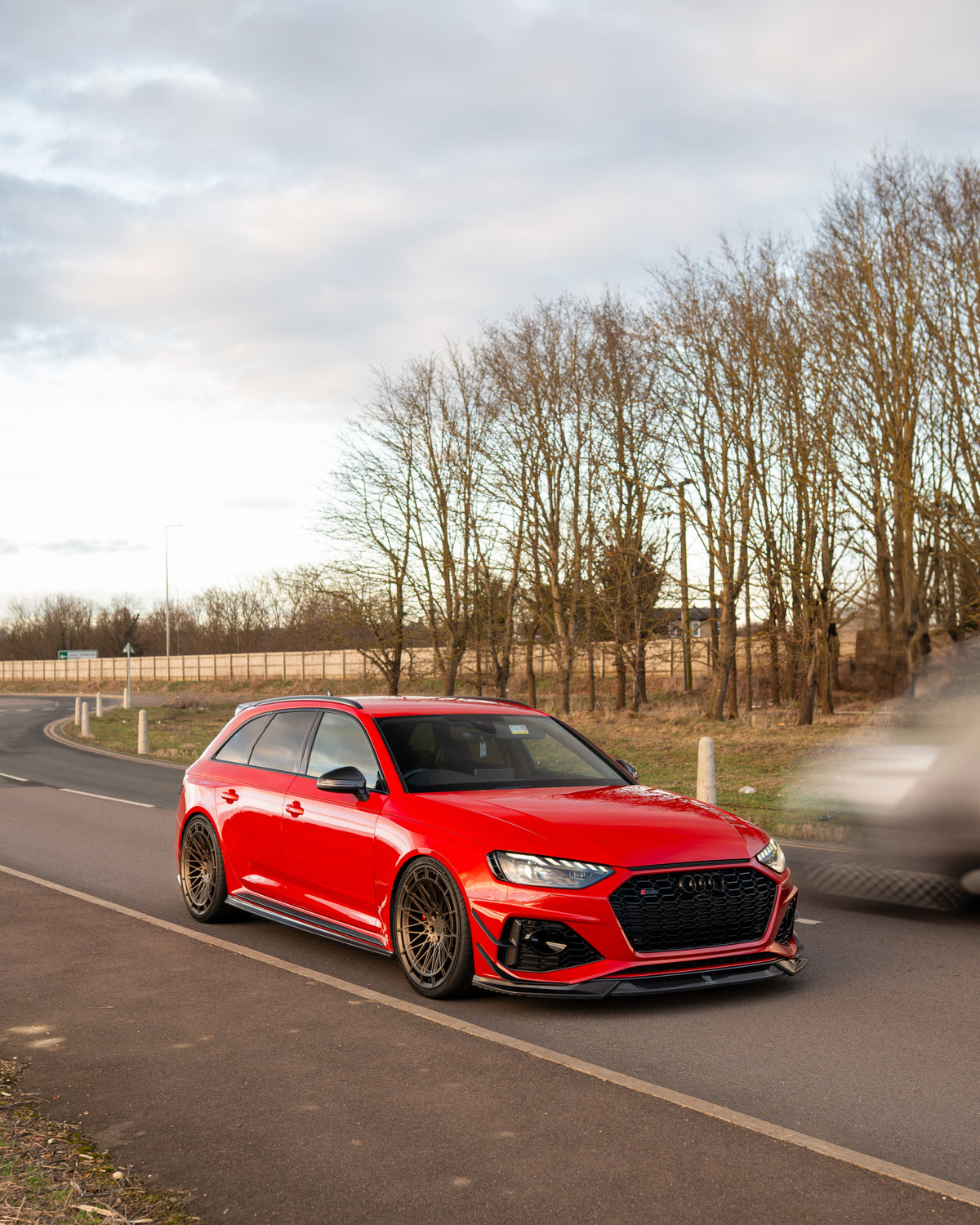 Audi RS4 B9.5 carbon fibre splitter by CT Design, showcasing a sleek, lightweight front splitter with a textured carbon fiber finish.