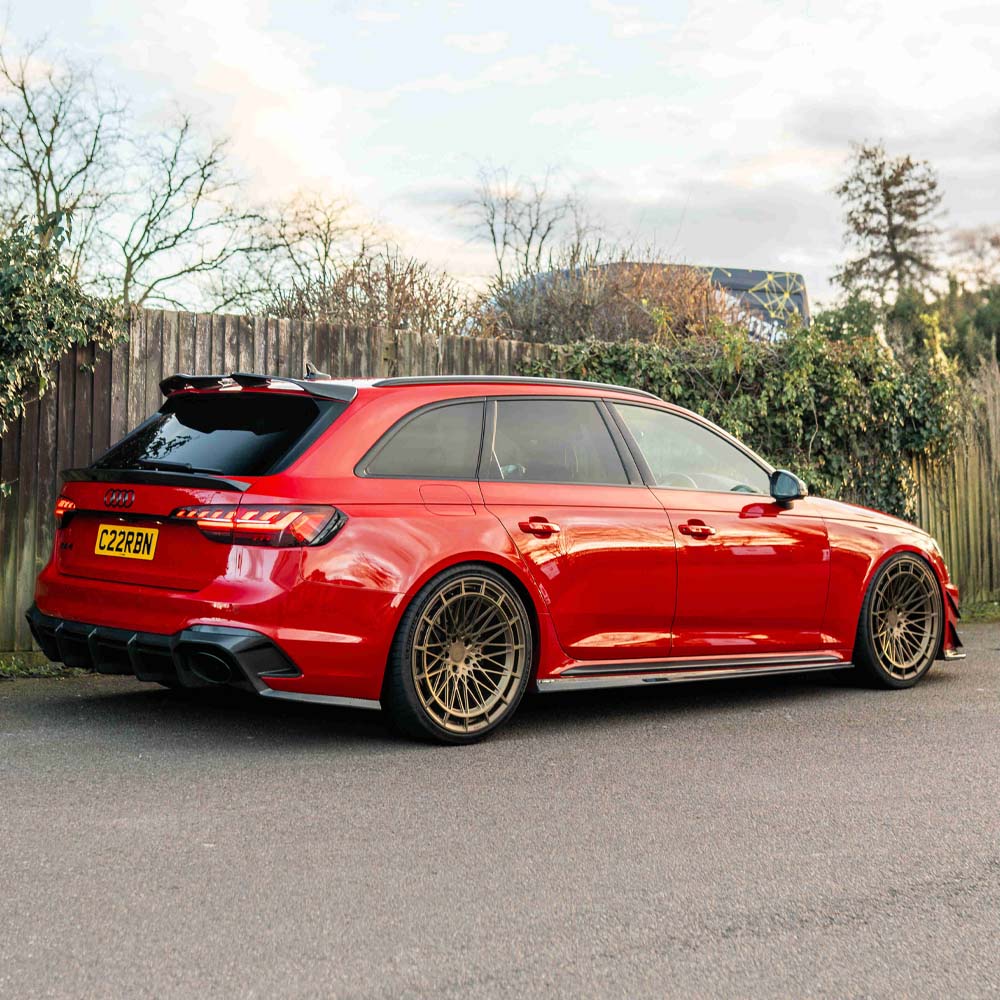Audi RS4 B9.5 CT Design carbon fibre kit showing detailed carbon fibre components on the sporty car body.