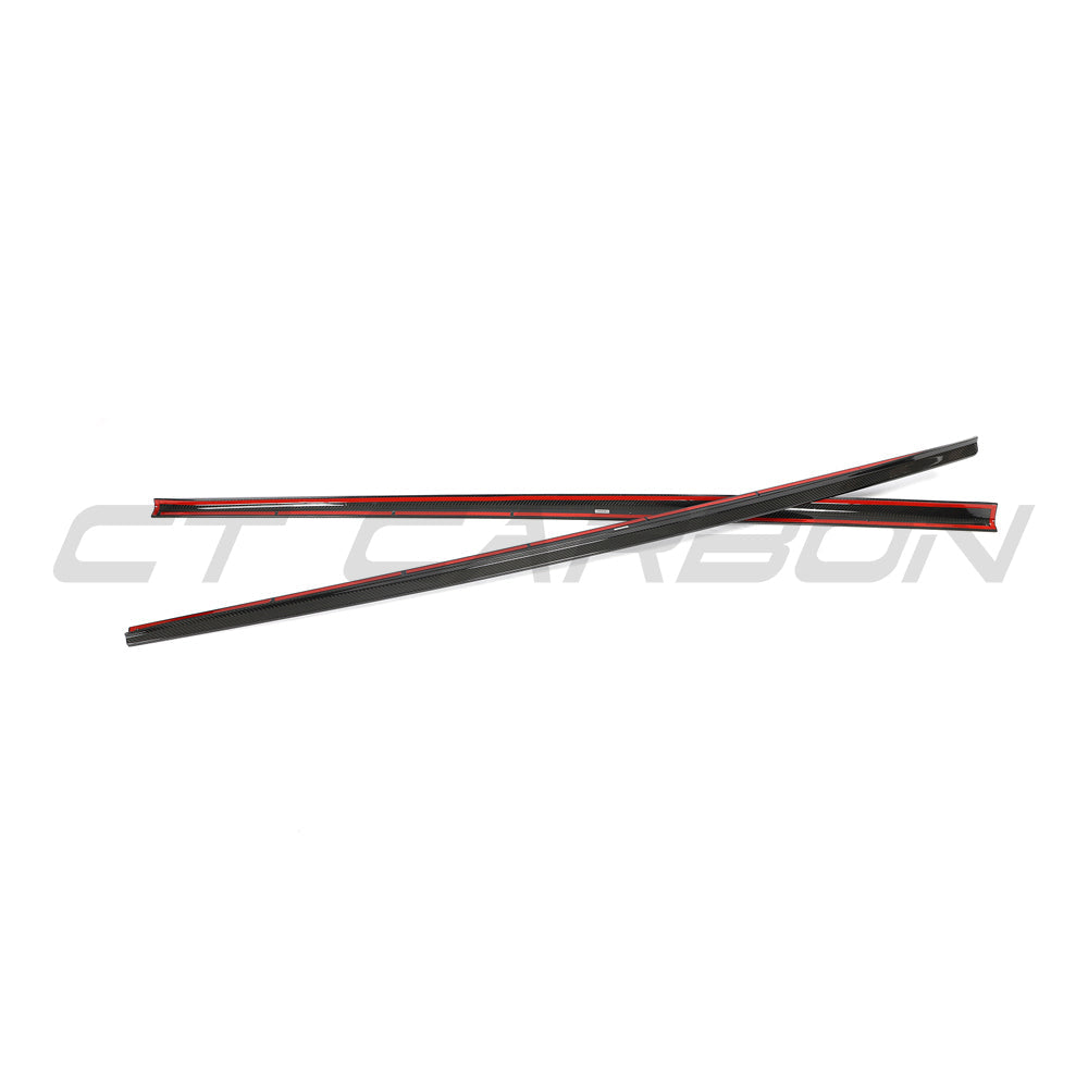 Audi RS4 B9.5 carbon fiber side skirts by CT Design, showcasing sleek, lightweight aerodynamic enhancements on the vehicle's side.