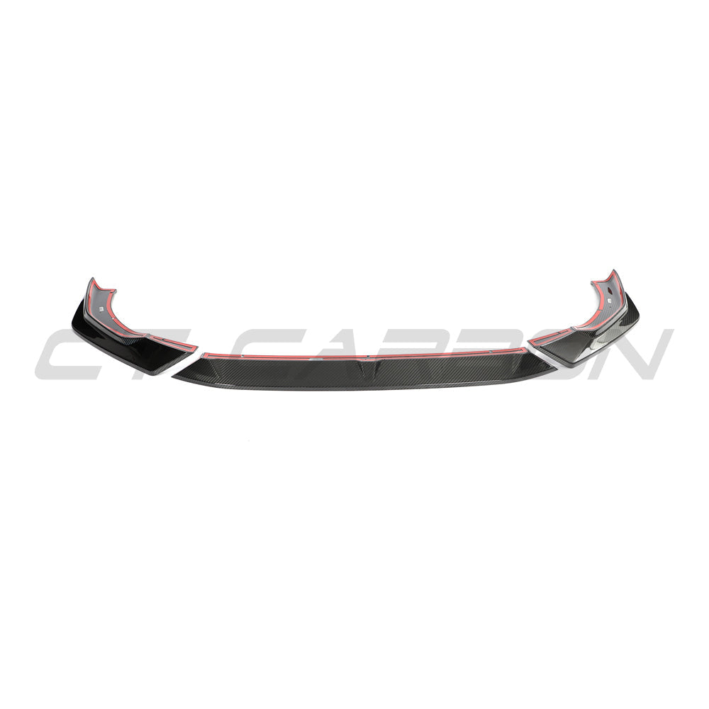 Carbon fiber splitter for Audi RS4 B9.5 by CT Design, showcasing its sleek, aerodynamic design on the front of the car.