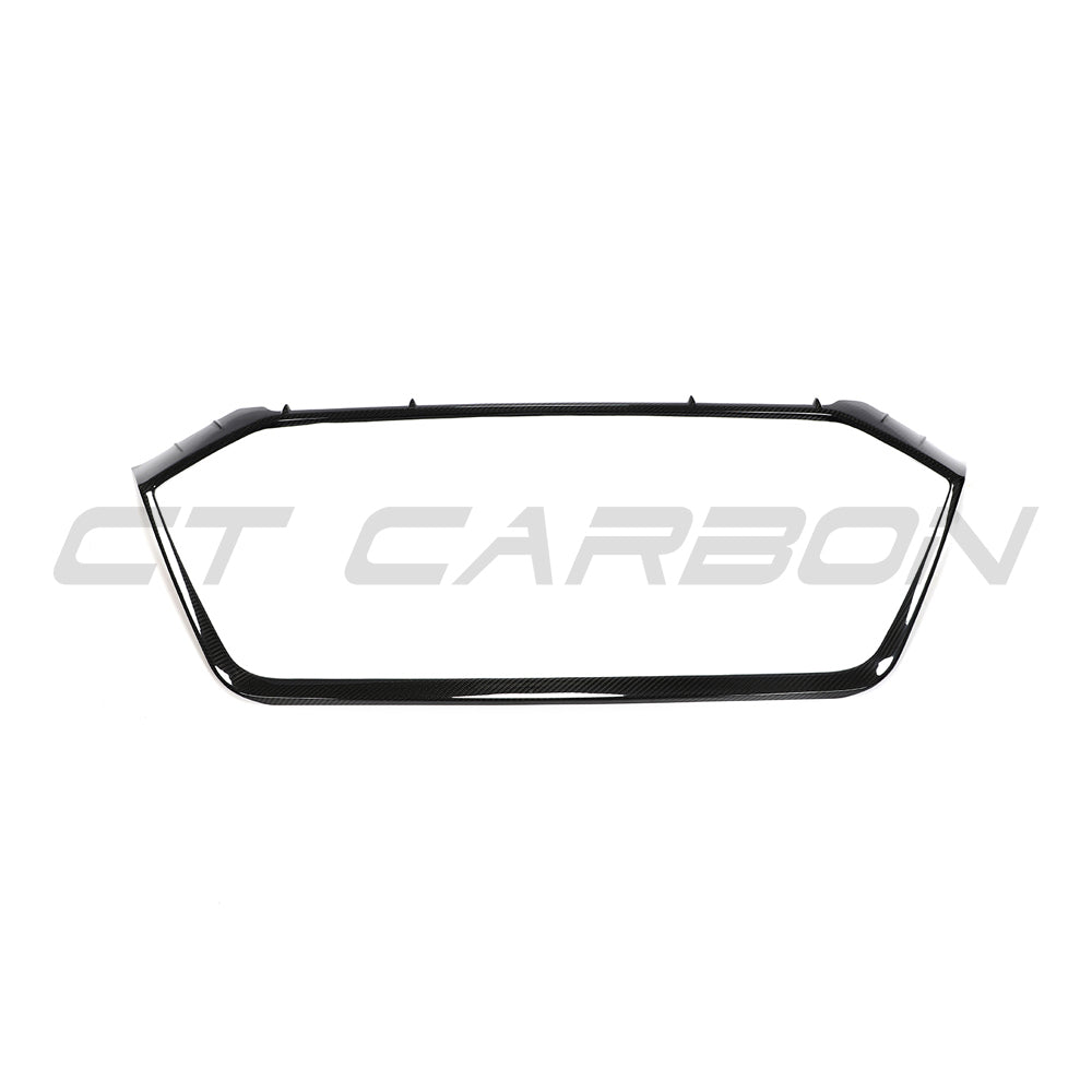 Carbon fiber grille surround for Audi RS6 and RS7 C8 Avant, accessory by CT Carbon, shown on vehicle front grille area.