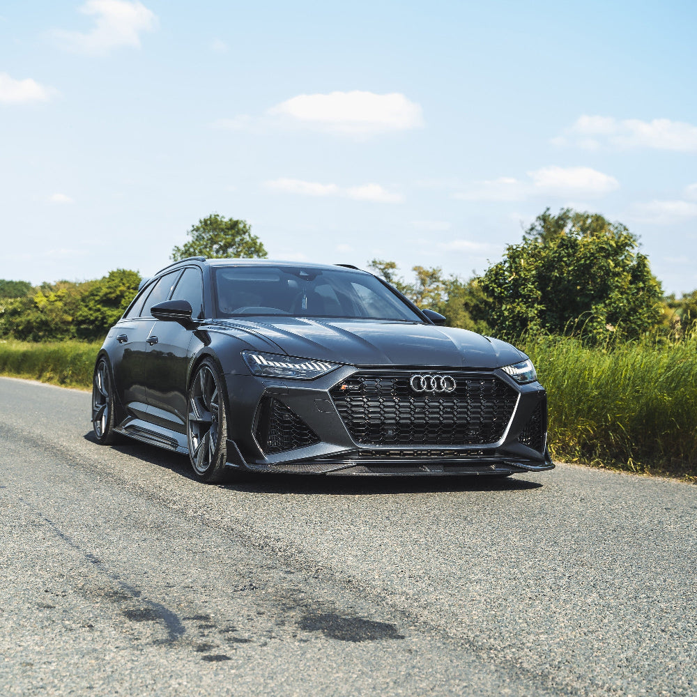 Audi RS6 C8 2019+ full carbon fiber kit by CT Carbon, including front splitter and aerodynamic enhancements.