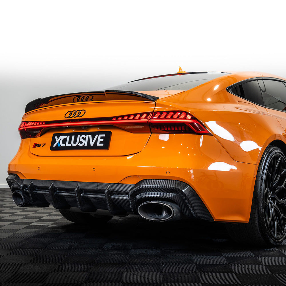 Carbon fibre spoiler for Audi RS7 C8 2019+ by CT Design, showcasing sleek, aerodynamic design on the vehicle.