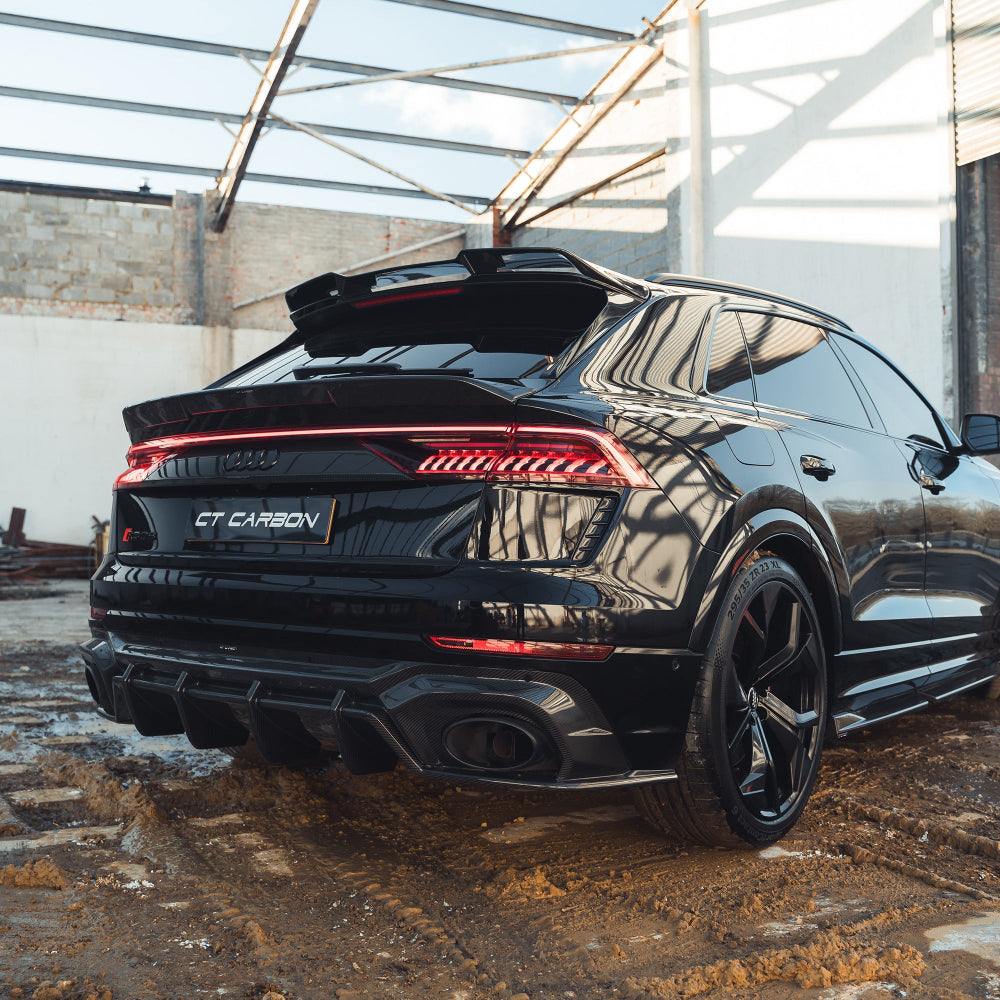 Audi RSQ8 2020-2024 CT Design carbon fiber diffuser showing sleek, high-performance automotive upgrade with detailed fiber pattern.