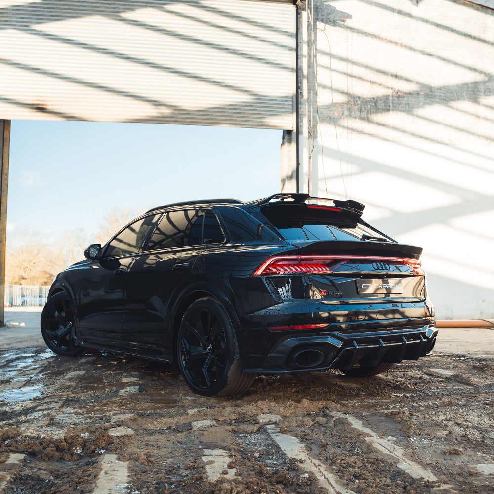 Audi RSQ8 2020-2024 carbon fiber diffuser by CT Design, showing sleek, lightweight automotive rear diffuser with textured carbon finish.