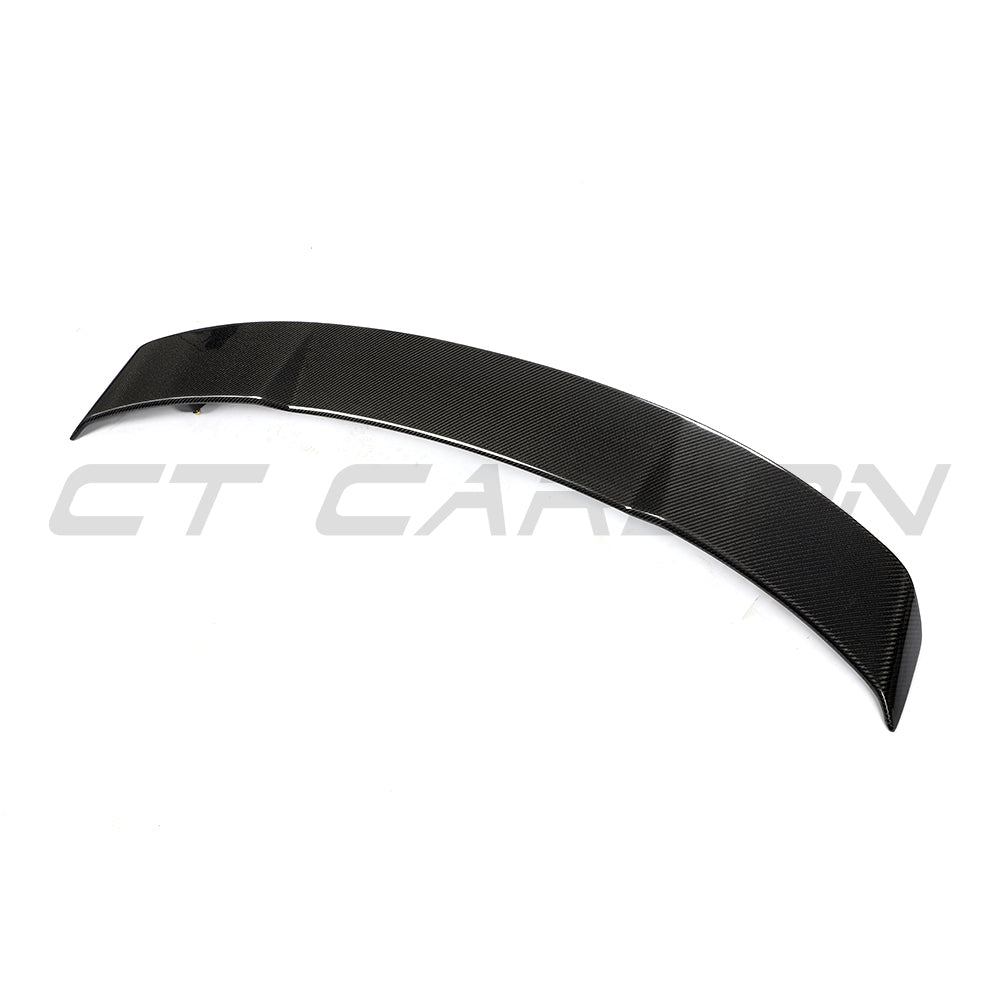AUDI TT/TTS Quattro MK3 carbon fibre spoiler by CT Carbon, showing the sleek aerodynamic design and carbon fiber texture.