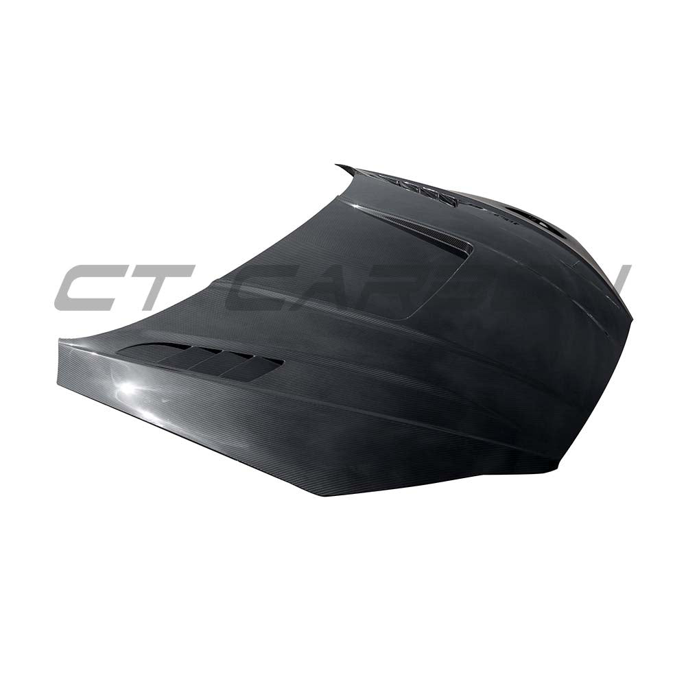 Audi RS6 C8 2019+ full carbon fiber kit by CT Carbon, showing the hood and bonnet with sleek carbon fiber finish.