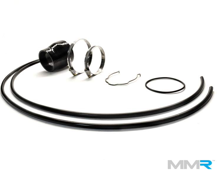 MMX Performance BMW 135i/335i N55 chargepipe kit with hoses, showing black silicone hoses and metal connectors.
