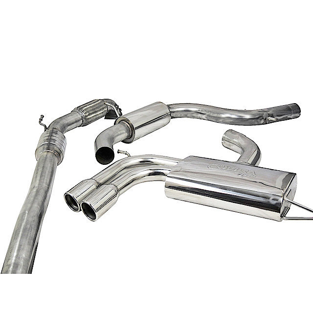 Cobra Sport turbo back performance exhaust system installed on an Audi A3 8P 2.0 TFSI 5-door Sportback, showcasing polished exhaust tips.