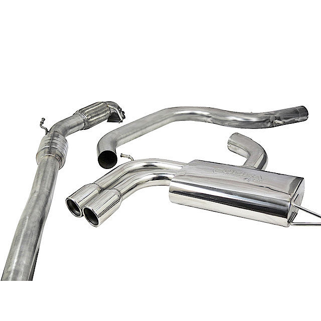 Cobra Sport turbo back performance exhaust for Audi A3 8P 2.0 TFSI 5-door Sportback, showing polished metal piping and exhaust tips.