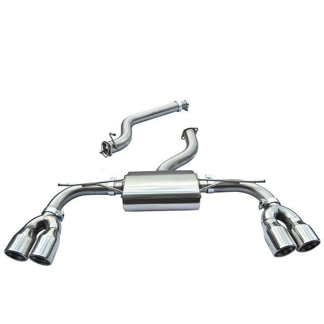 Cobra Sport Audi S3 8V 3-door cat back performance exhaust system with non-valved design, shown installed on vehicle.