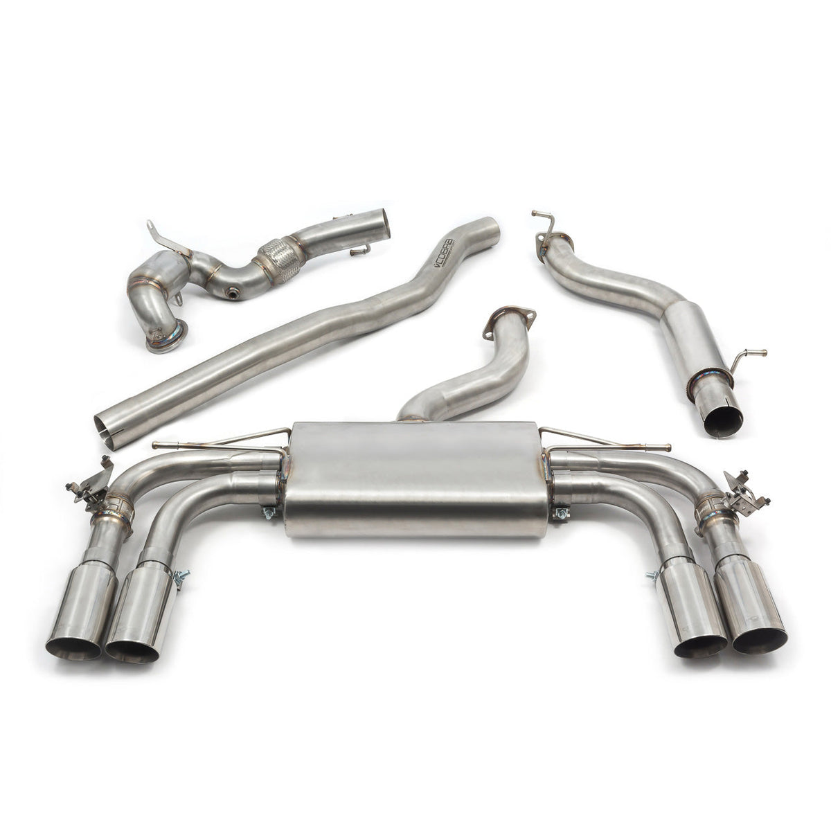 Cobra Sport turbo back performance exhaust for Audi S3 8V saloon, featuring valved system and sporty design.