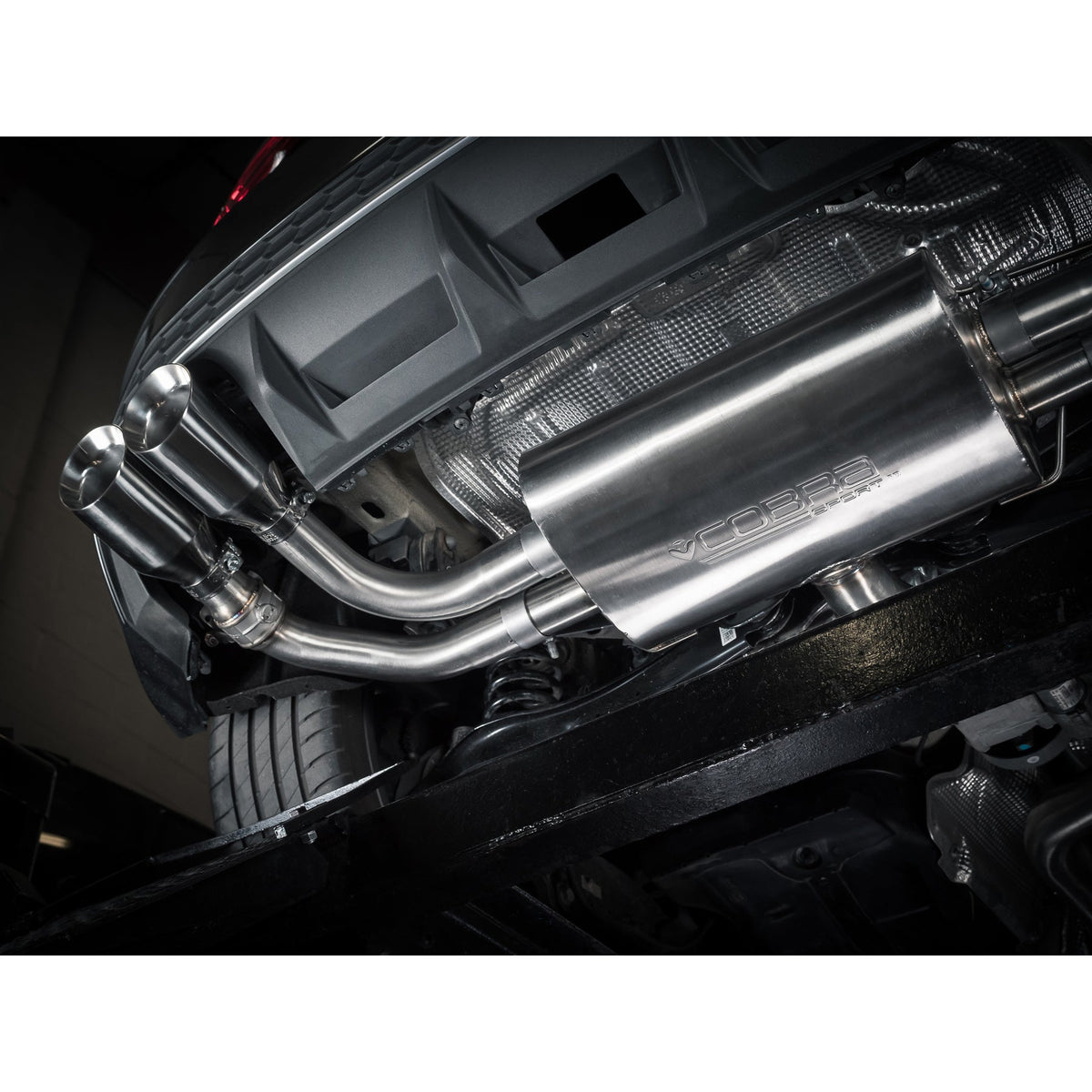 Cobra Sport Audi S3 8Y 5-door Sportback GPF back performance exhaust system with dual chrome tips and sleek pipe design.