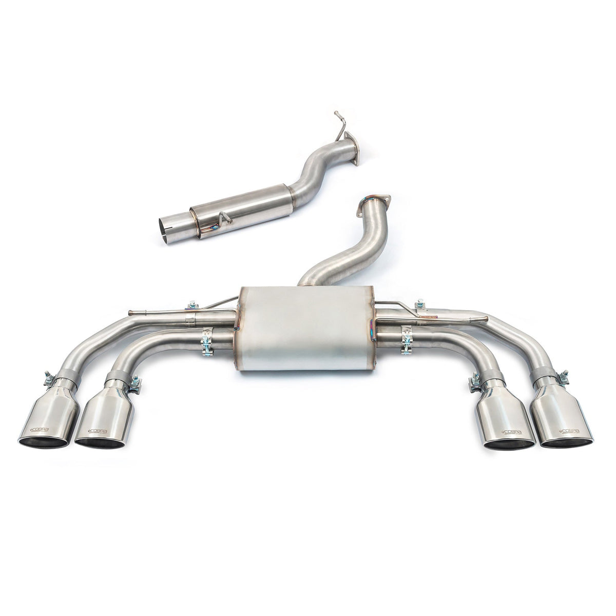 Cobra Sport Audi S3 8Y 5-door Sportback GPF back performance exhaust with non-valved design, showcasing the polished exhaust tips.