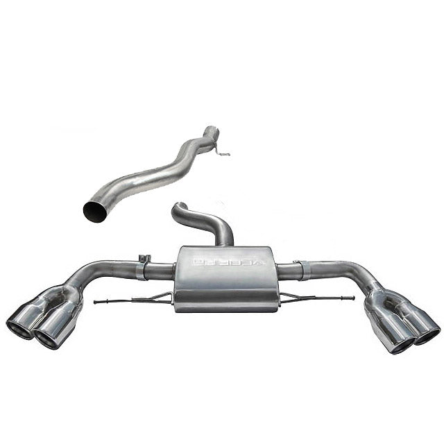 Cobra Sport Audi TTS Mk2 Quattro cat back performance exhaust system installed on vehicle, showing polished stainless steel pipes and muffler