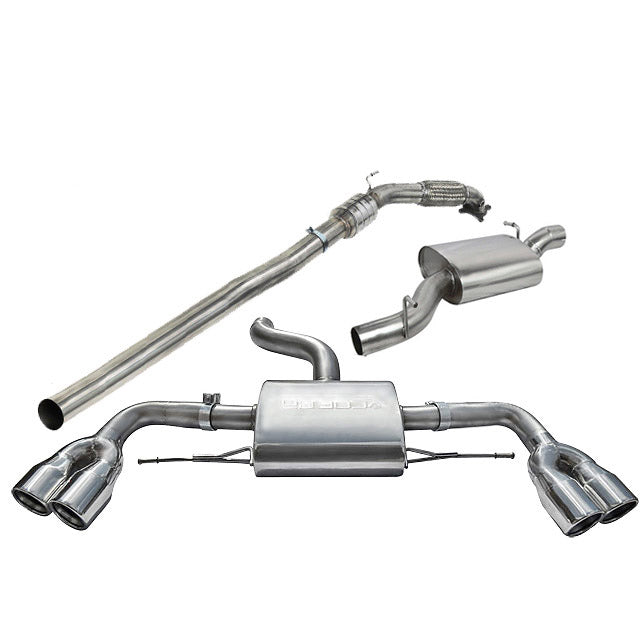 Cobra Sport turbo back performance exhaust installed on Audi TTS Mk2 Quattro, showcasing polished metal pipes and exhaust tips.