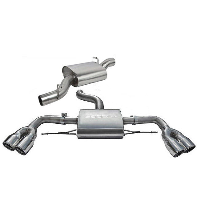 Cobra Sport Audi TTS Mk2 Quattro cat back performance exhaust system shown from side view, highlighting polished metal pipes and muffler.