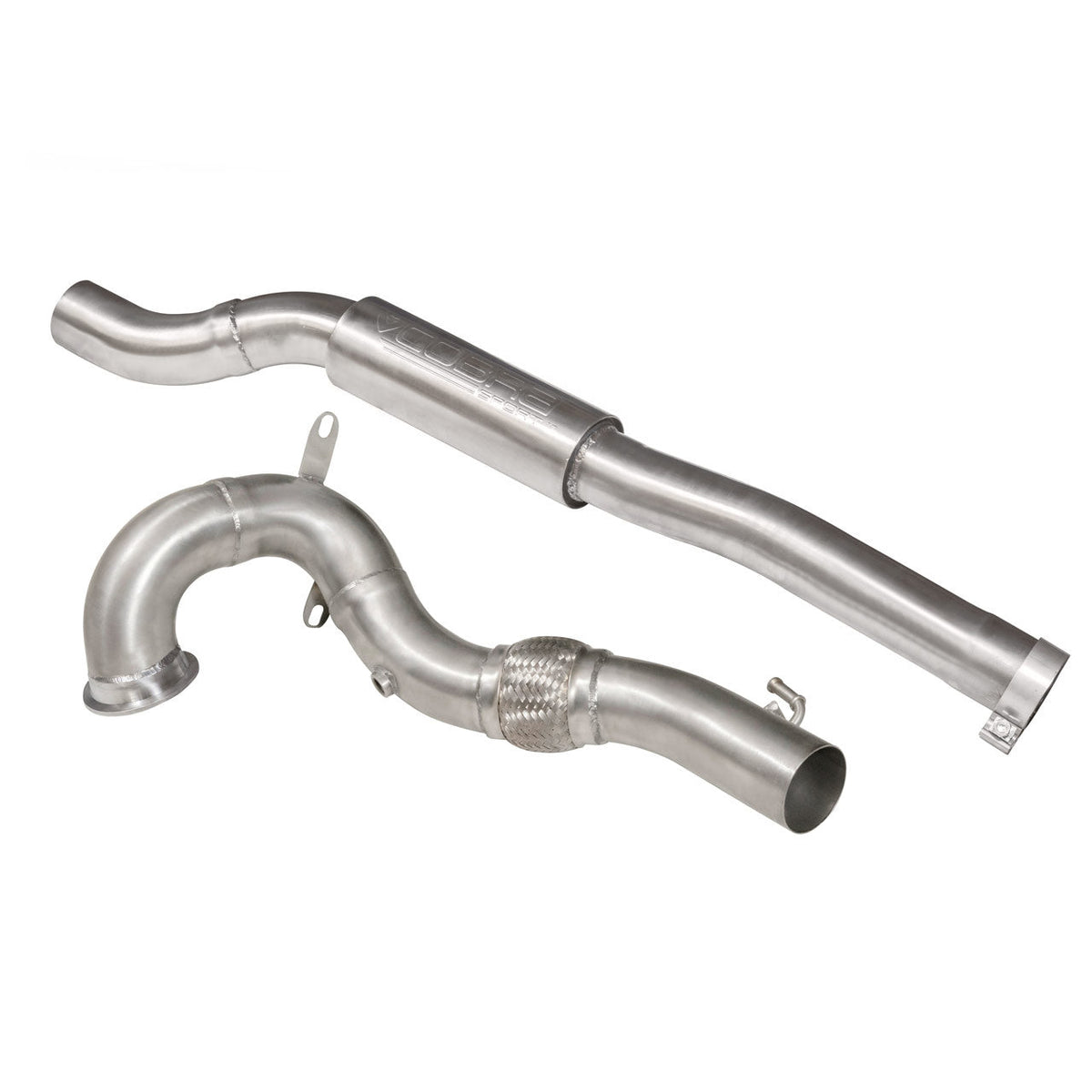 Cobra Sport Audi TTS Mk3 2.0 TFSI front downpipe with sports cat, performance de-cat exhaust part, installed on vehicle.