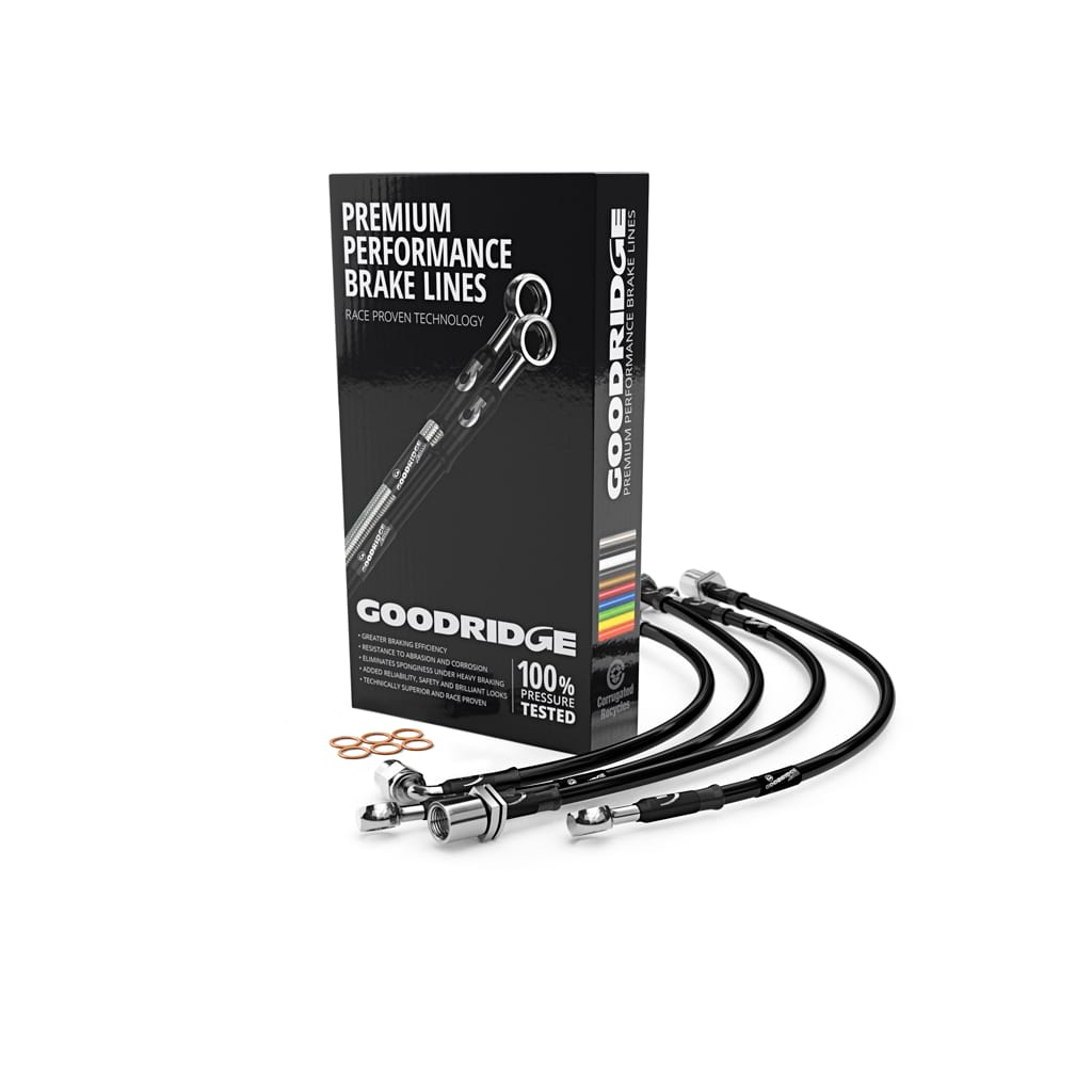 Goodridge brake hose kit for BMW 2 Series F22/F87 M2 M2 CS M2 Competition, showing black braided brake hoses.