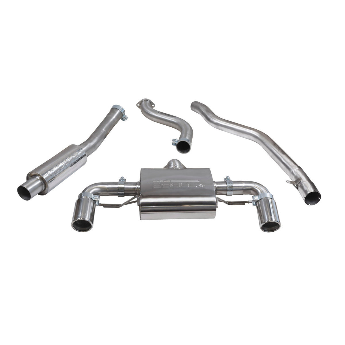 Cobra Sport BMW M140i F20 F21 LCI cat back performance exhaust with resonated tips, showcasing the sleek exhaust system.