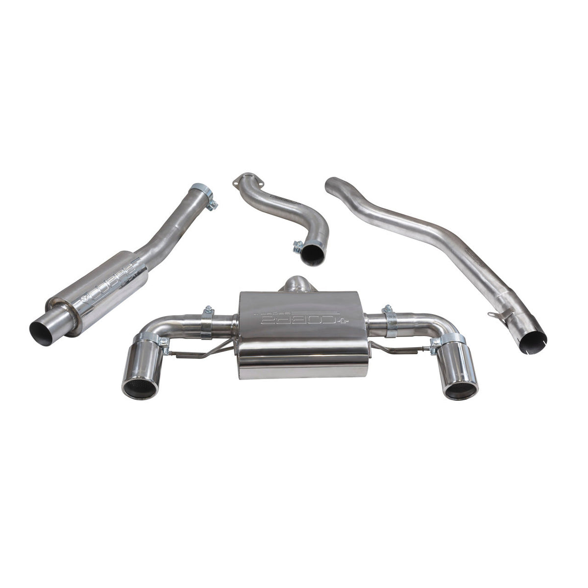 Cobra Sport BMW M240i F22/F23 LCI cat back performance exhaust with resonated tips, mounted on the vehicle.