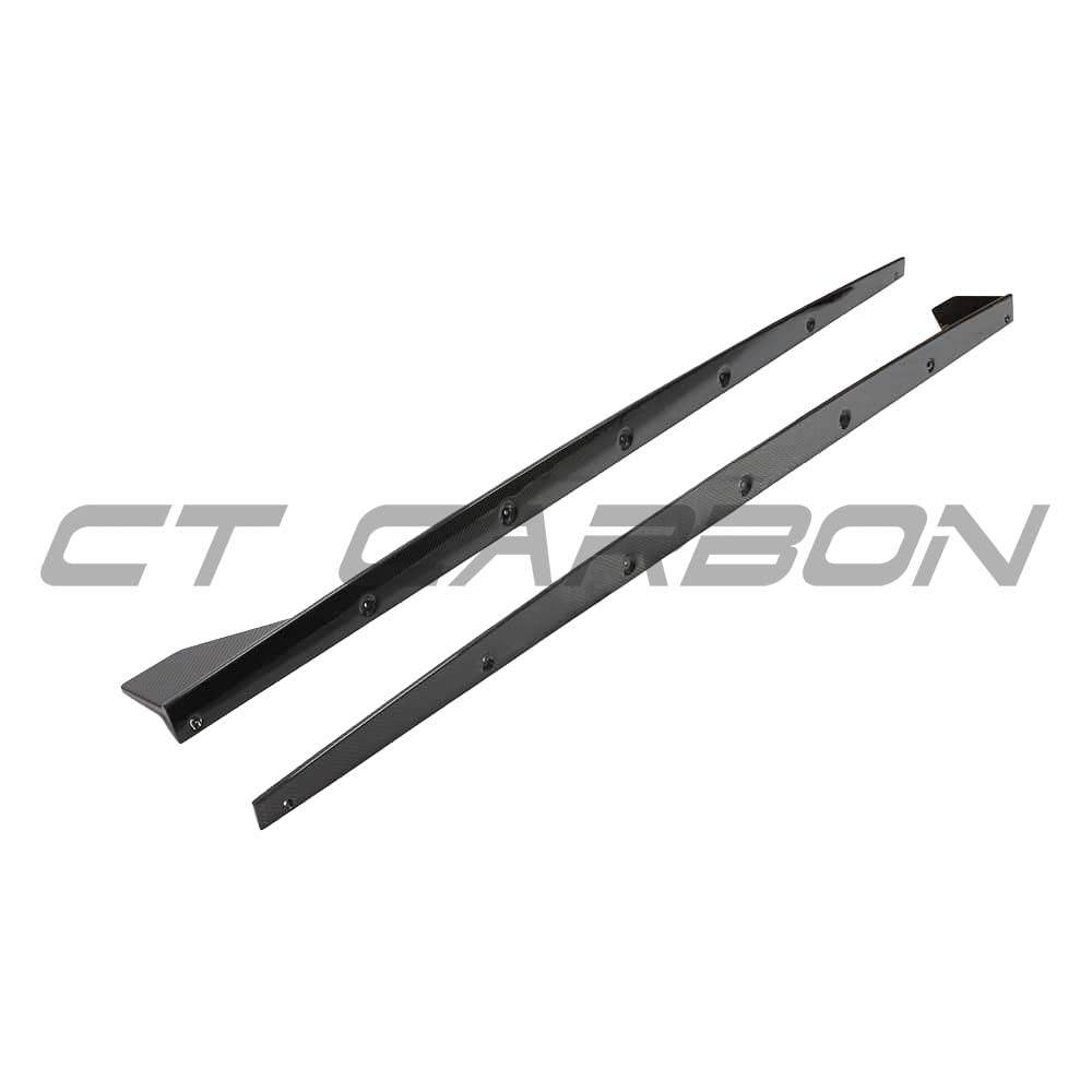 BMW 1 Series F40 carbon fiber side skirts by CT Design, showcasing sleek aerodynamic enhancements and textured black finish.