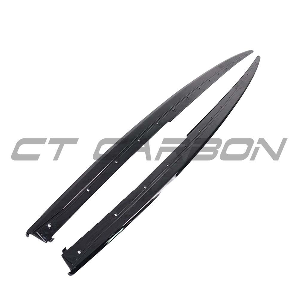 BMW 3 Series F30/F31 GLOSS BLACK side skirts by CT Carbon, V2 style, showing sleek, aerodynamic car body enhancement.