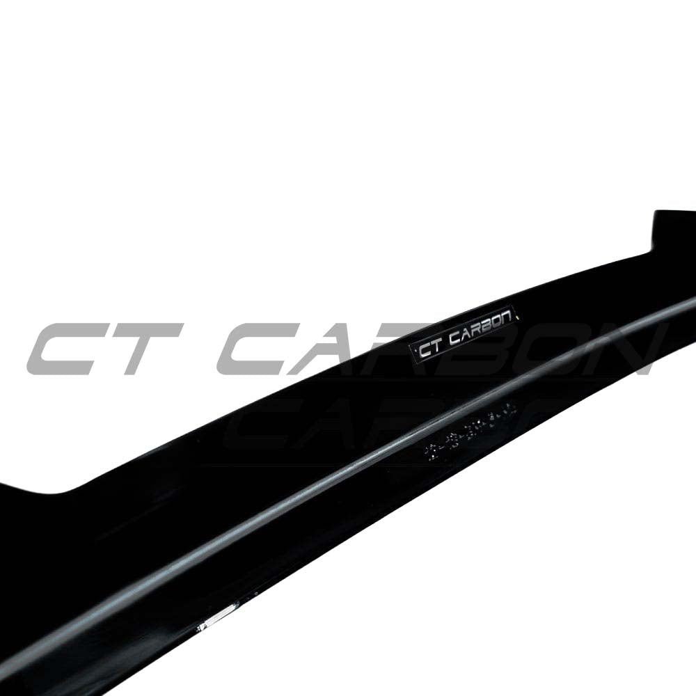 BMW 3 Series M3 F30 F80 GLOSS BLACK SPOILER by CT Carbon, V2 style, showing sleek, glossy black rear spoiler on vehicle.