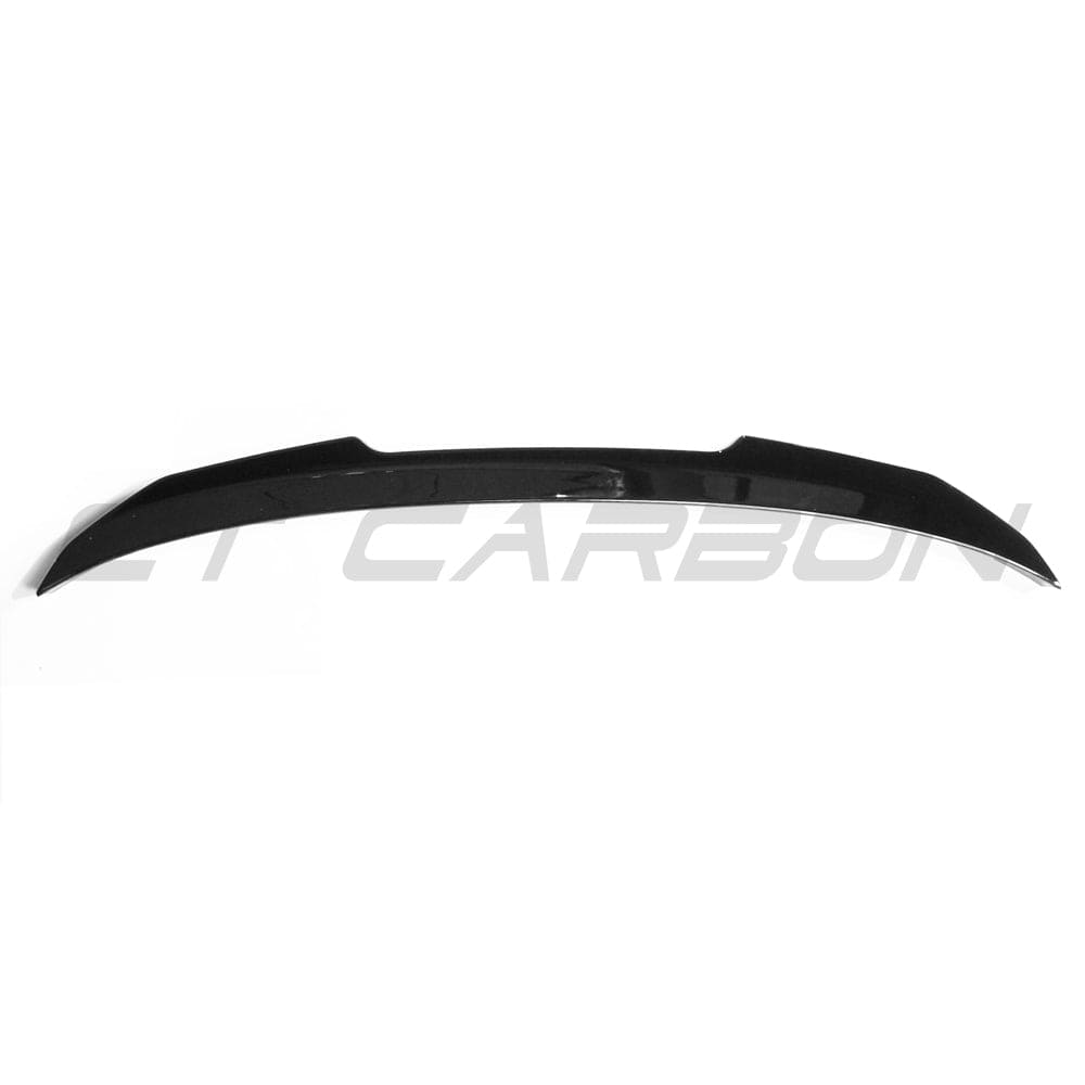 BMW 3 Series M3 G20 G80 gloss black spoiler by CT Carbon, V2 style, showing the sleek, aerodynamic design on the car's rear.