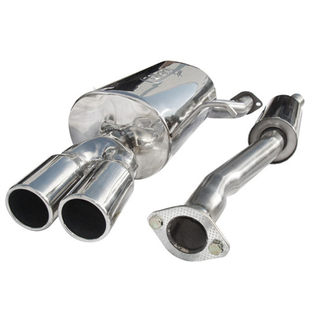 Cobra Sport cat back performance exhaust for BMW 316i/318i E46 model, showing polished stainless steel exhaust system.