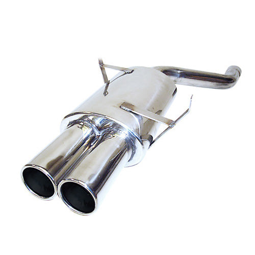 Cobra Sport BMW 320i E46 rear performance exhaust box, axle back exhaust system, shiny metal with dual tips visible.