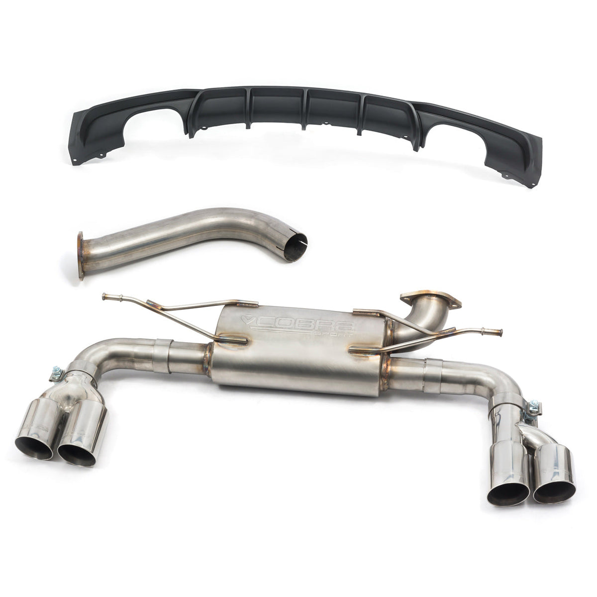Cobra Sport BMW 320i quad exit performance exhaust conversion with M3 style quad tips on a 2011-19 F30/F31 LCI BMW 320i.