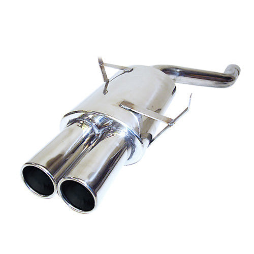 Cobra Sport BMW 323 E46 rear axle back performance exhaust, showing polished metal and dual exhaust tips on the vehicle.