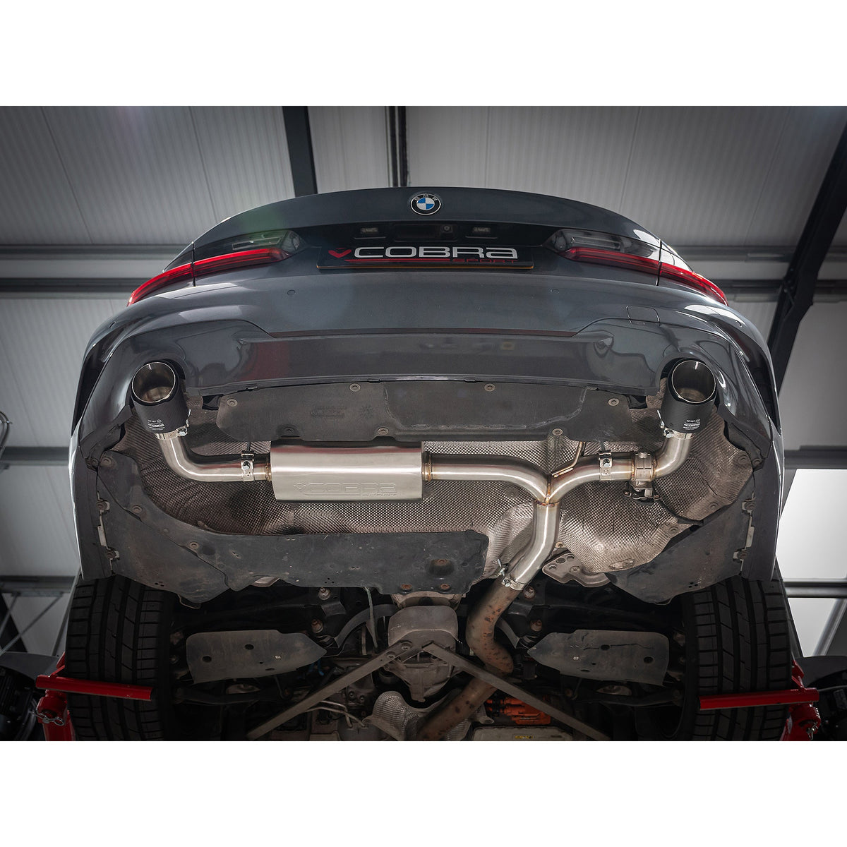 BMW 330e G20 Cobra Sport dual exit rear axle back performance exhaust with valved dual exit tips and GPF/OPF compatibility.