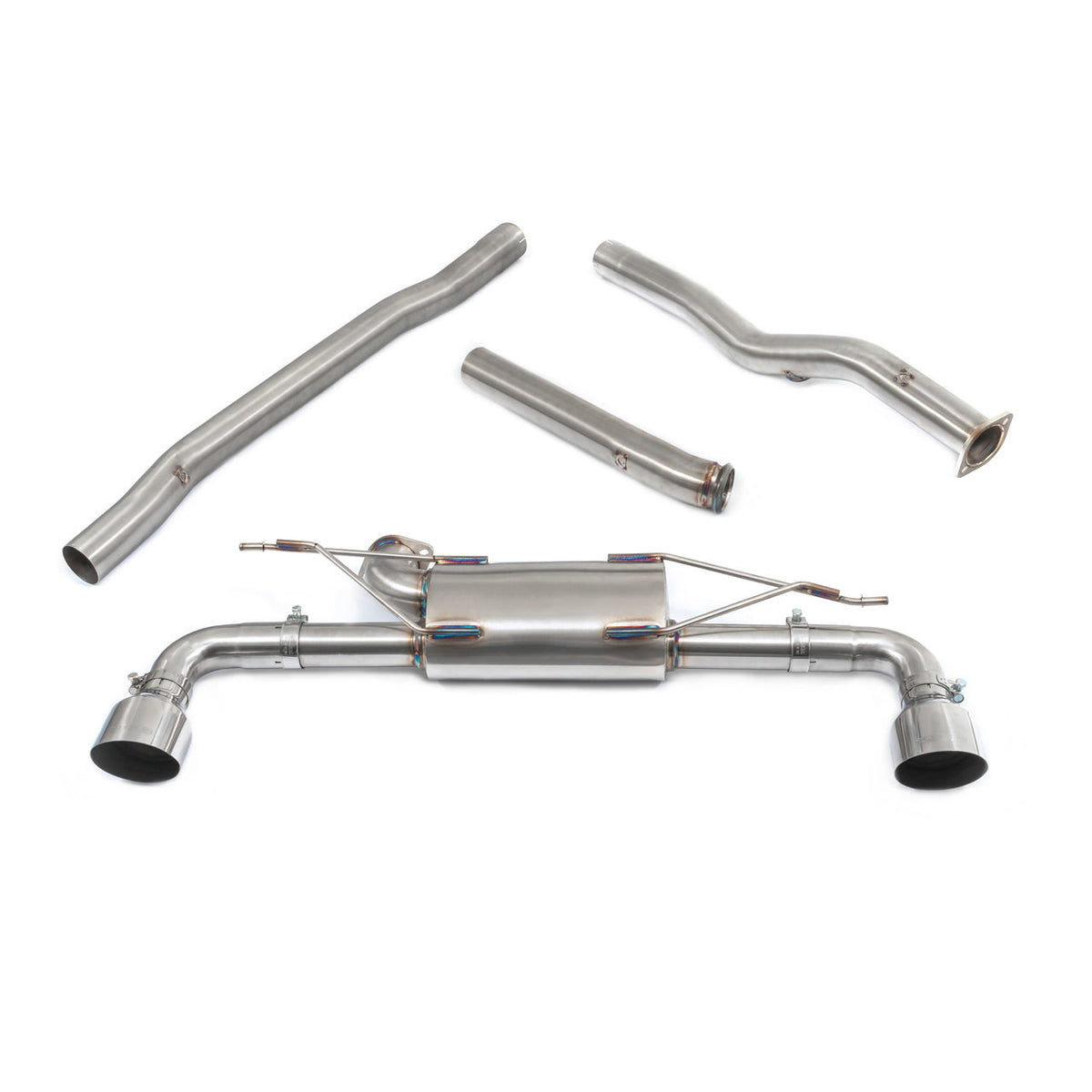 Cobra Sport BMW M135i F40 cat back performance exhaust with non-resonated, non-valved design installed on the car.