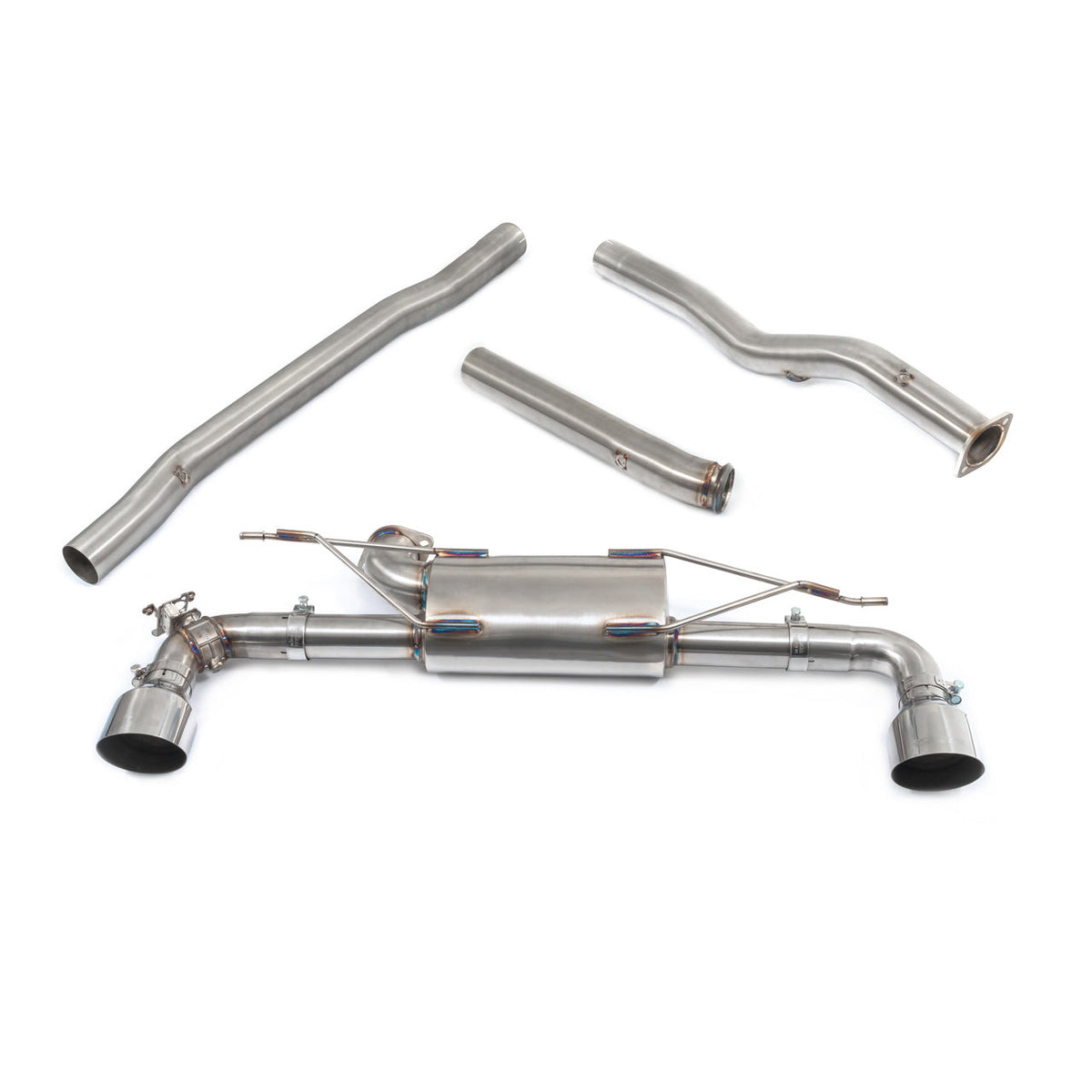 BMW M135i F40 Cobra Sport cat back exhaust with non-resonated, valved design, showcasing the performance exhaust system.