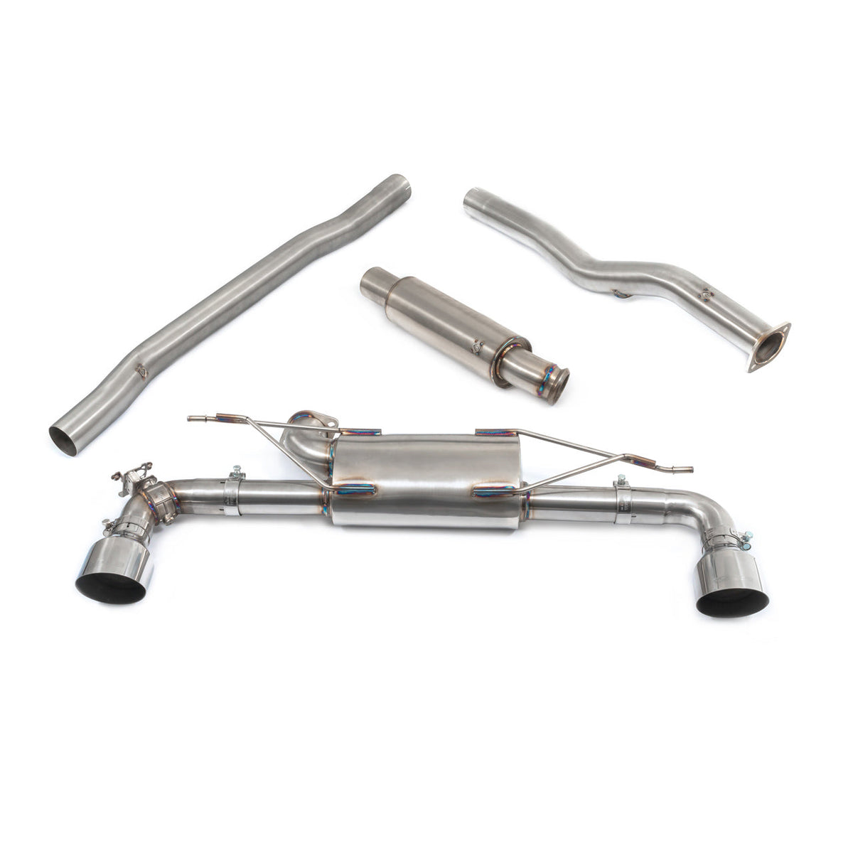 BMW M135i F40 Cobra Sport cat back performance exhaust with resonated, valved design, showcasing the sleek stainless steel system.