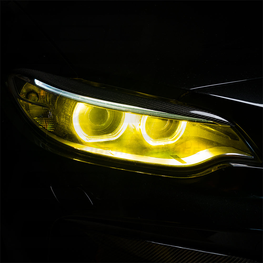BMW F87 M2/M2C Pre-LCI yellow xenon DRL module set by CT Carbon, featuring sleek daytime running lights for 2014-2018 models.