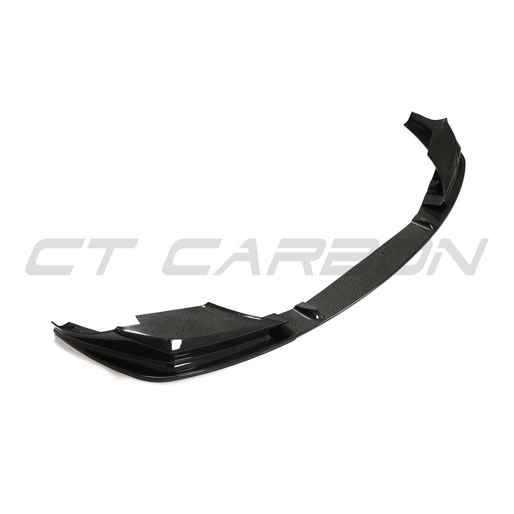 BMW F90 M5 and M5C LCI carbon fiber splitter by CT Carbon, featuring a 3D style V4 design for enhanced aerodynamics.