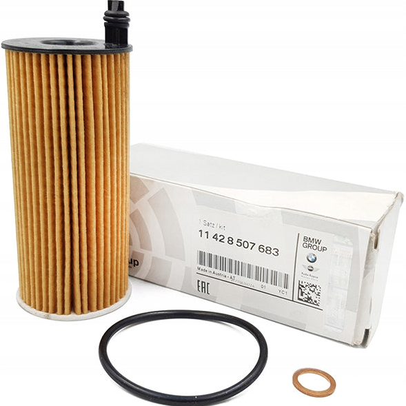 Genuine BMW oil filter 11428507683 for N47 and N57 engines, compatible with BMW vehicles, shown in the image.