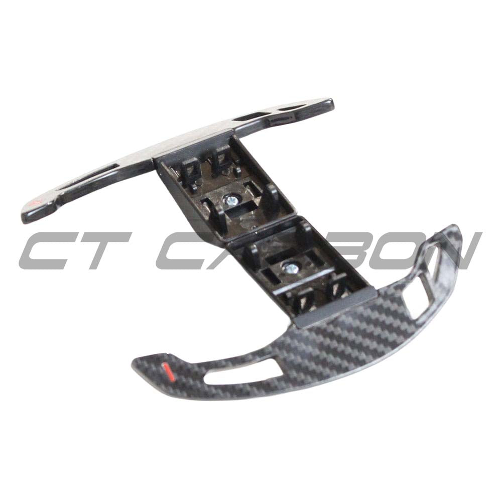 BMW Fxx Carbon Fibre Shifter Paddles V3 by CT Carbon, sleek carbon fibre finish, installed on BMW Fxx steering wheel.