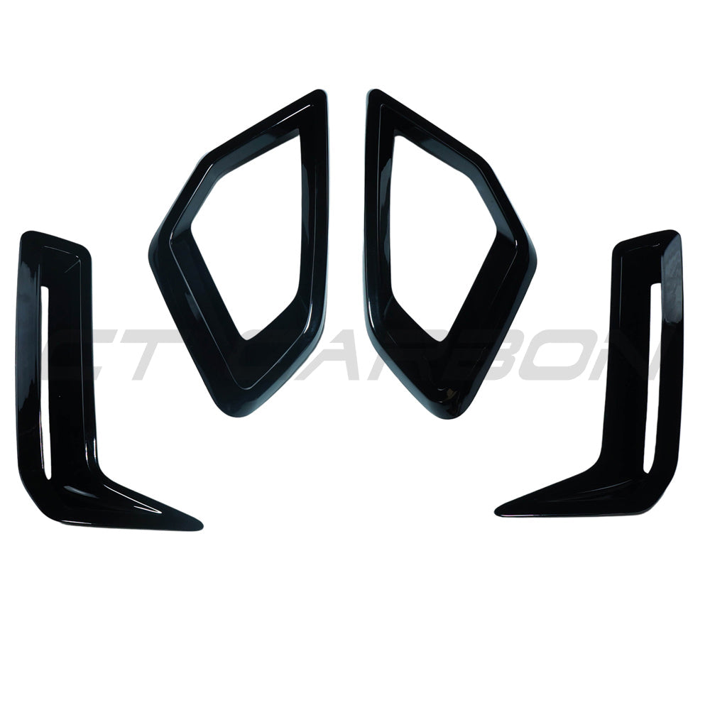 BMW G05 X5 LCI 2024 gloss black front bumper trim pack by CT Carbon, showing close-up of sleek, glossy black accessory details.