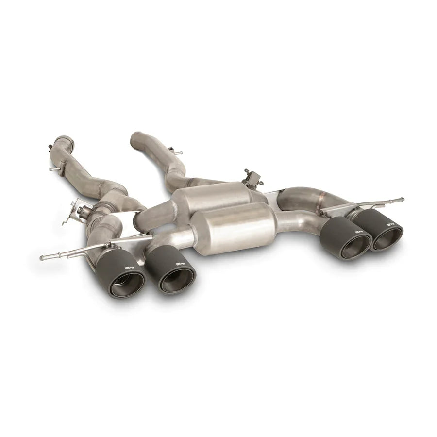 Remus BMW G80 M3 G82 M4 turbo back exhaust system with dual exhaust tips and racing-style design, installed on a G80/G82 model.