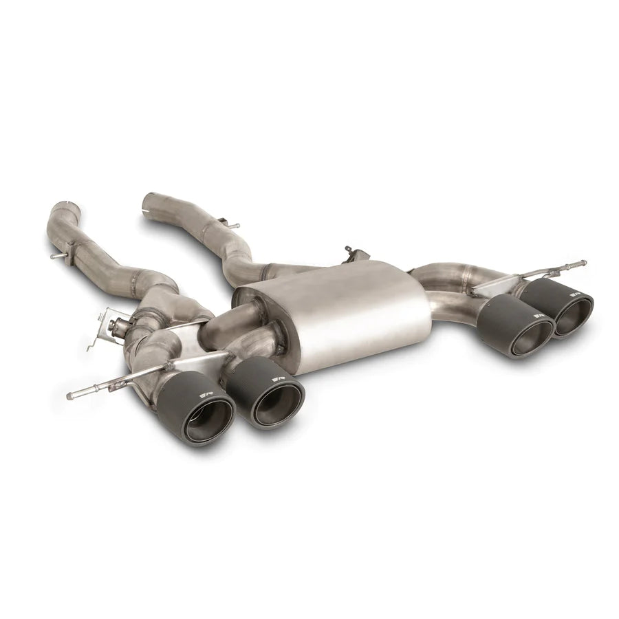 Remus axle back exhaust system for BMW G80 M3 and G82 M4, featuring polished metal pipes and dual exhaust tips.