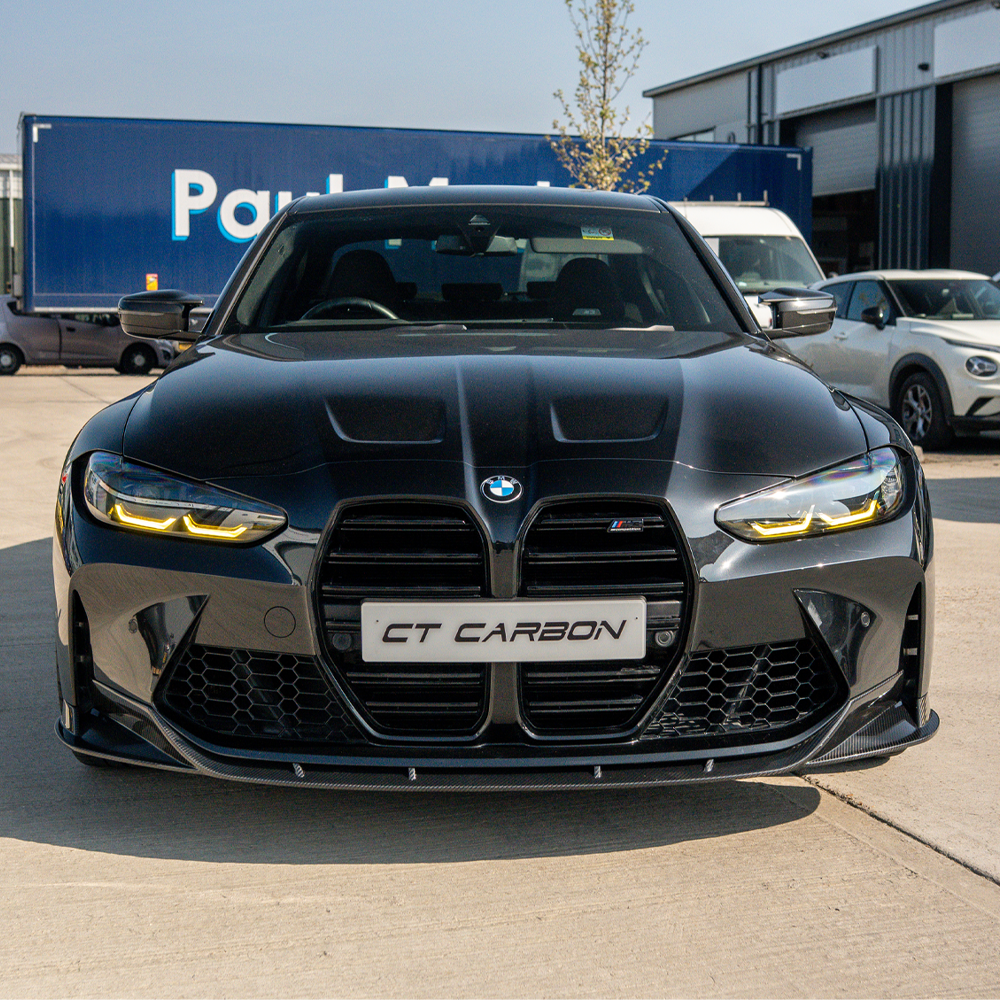 BMW G80 G82 G83 M3 M4 yellow LED DRL module set by CT Carbon, showing sleek daytime running light components for 2021-2025 models.
