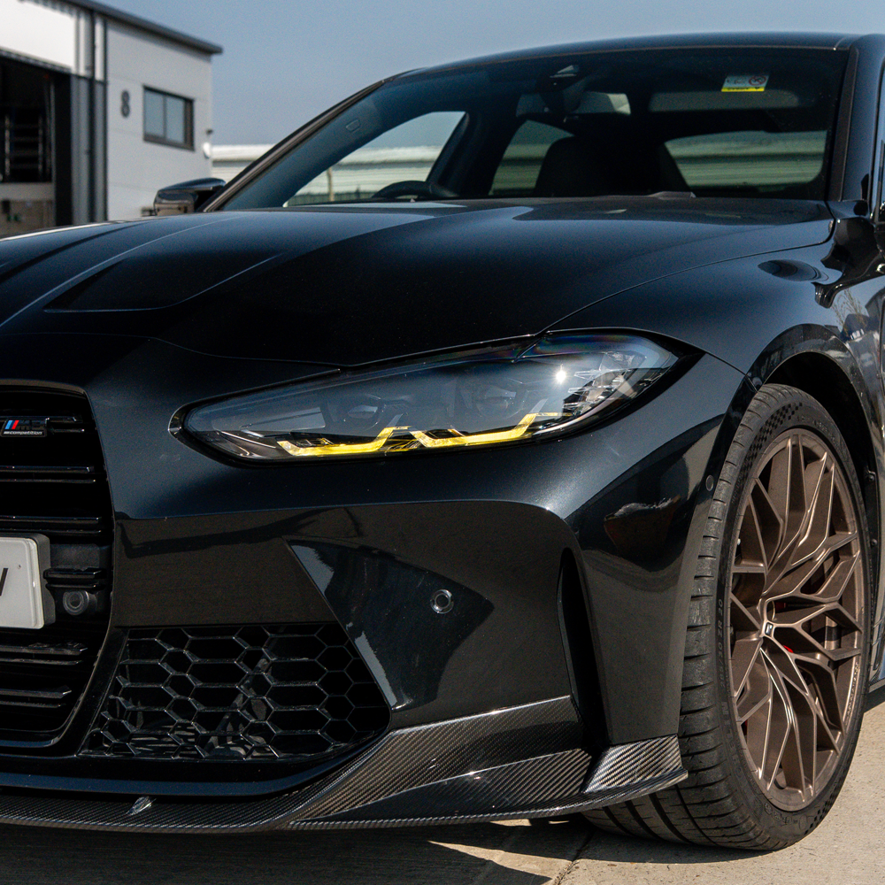 BMW G80 G81 G82 G83 M3 M4 yellow LED DRL module set by CT Carbon, showcasing the bright yellow daytime running lights.