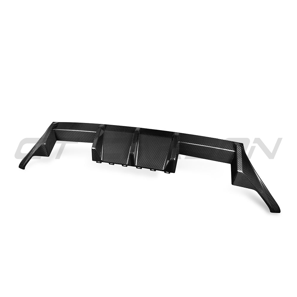 BMW G87 M2 carbon fibre rear diffuser by CT Carbon, V2 model, showcasing sleek carbon fibre design and aerodynamic details.