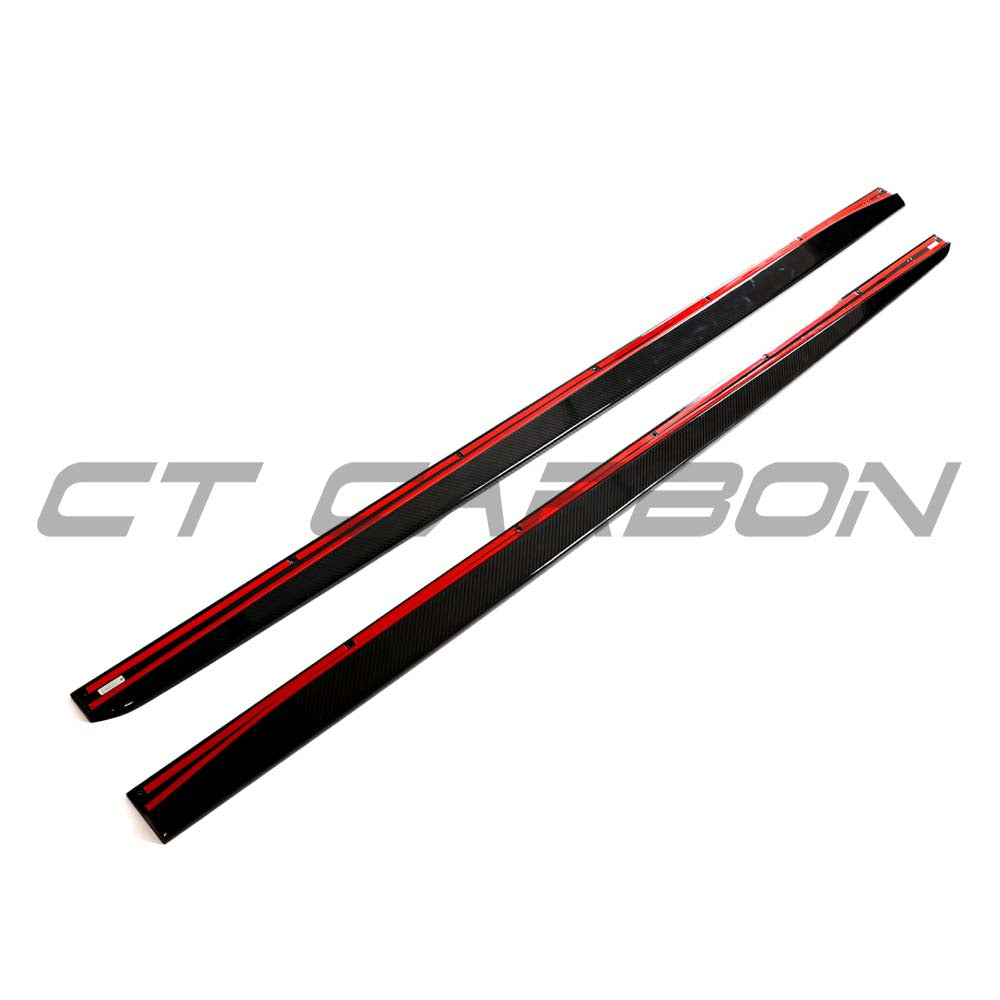 BMW G87 M2 CT Design full carbon fibre side skirts kit, showcasing sleek black carbon fiber finish and aerodynamic design.