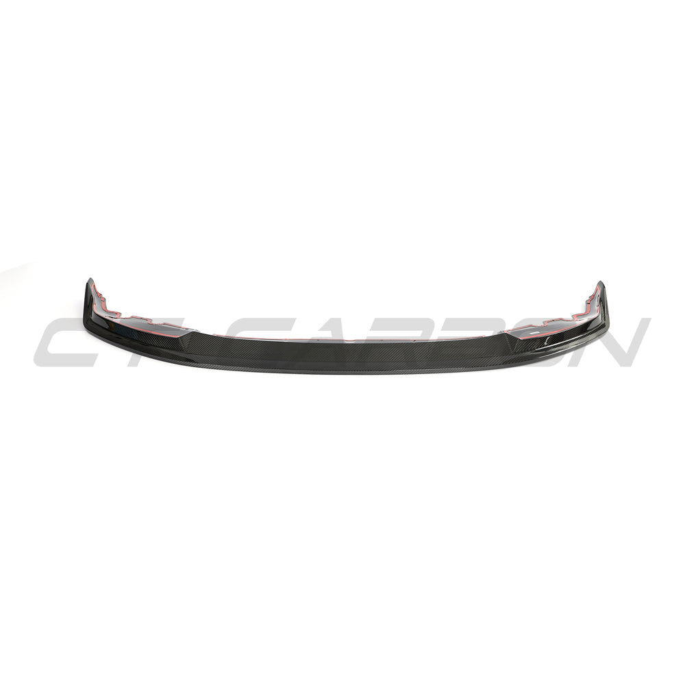 BMW G87 M2 carbon fibre splitter by CT Carbon, V4 design, showcasing sleek aerodynamic enhancement with detailed carbon fibre finish.