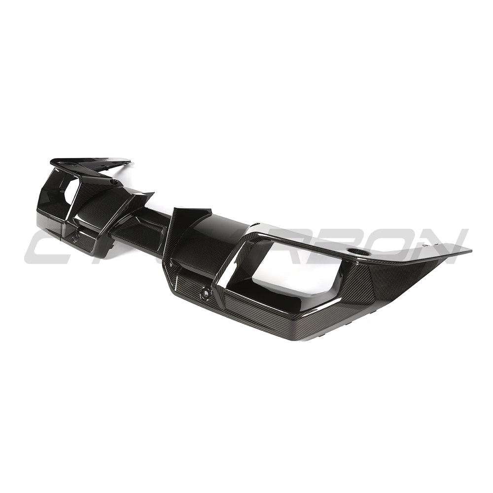 BMW G90 G99 M5 2024 carbon fiber diffuser by CT Design, showcasing sleek, textured carbon fiber surface on the car's rear.